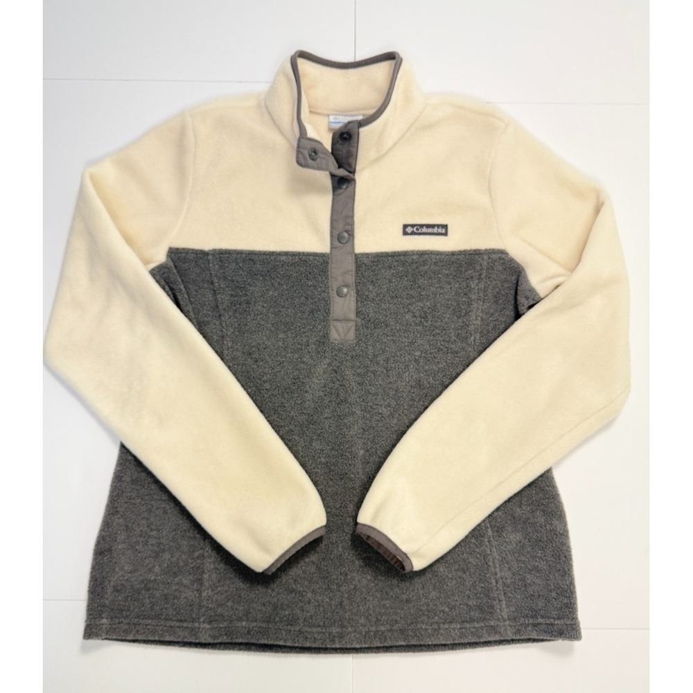 Columbia Fleece‎ Pullover Jacket Womens M Snap Front Cream Gray Outdoor Hiking